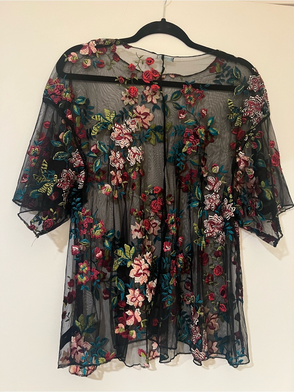 Kimchi Blue Black Sheer Mesh Top with Multicolor Floral Embroidery - Picture 2 of 3